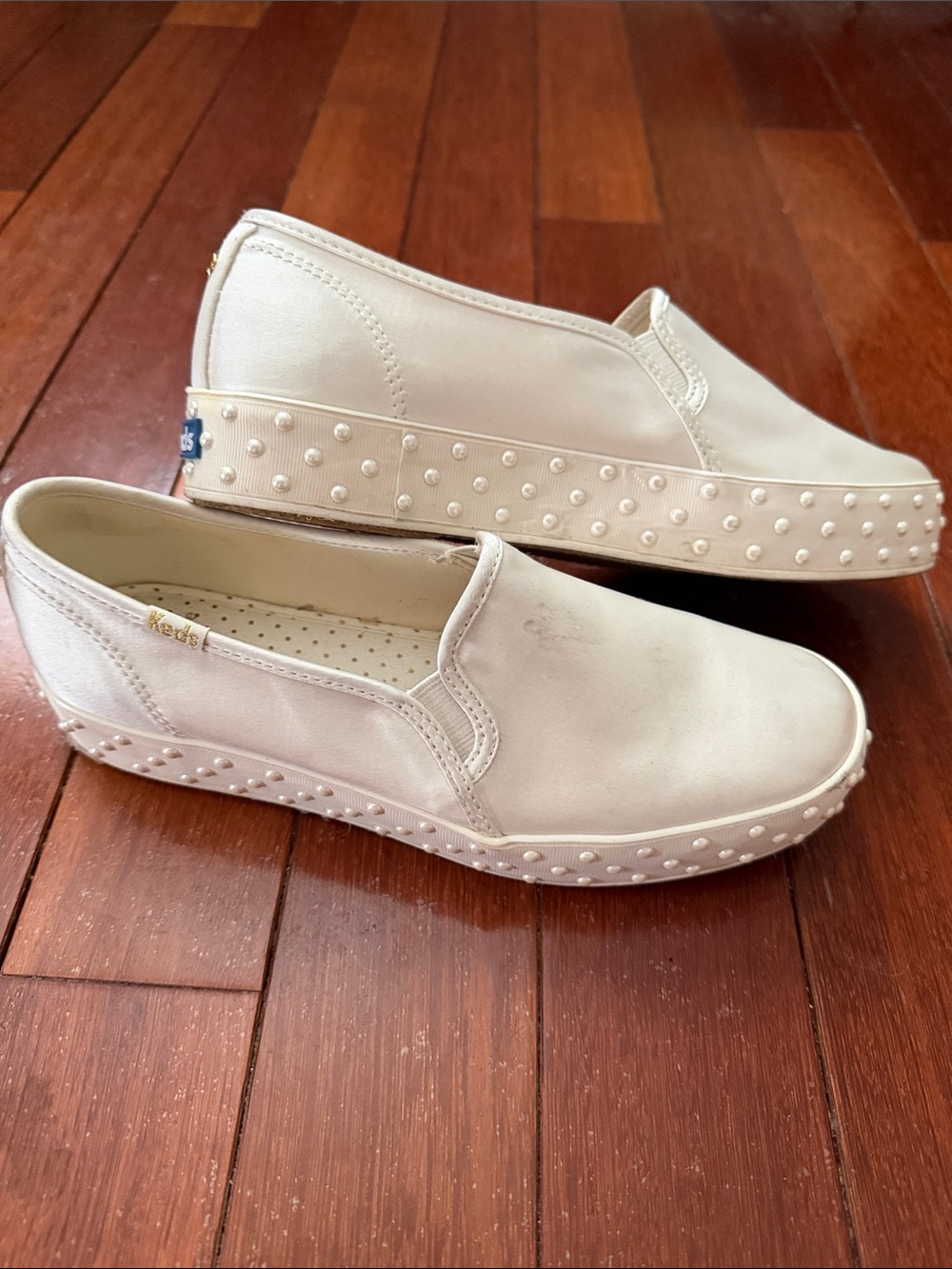 Keds by Kate Spade Satin Cream Slip-On Platform Mules with Studded Sole